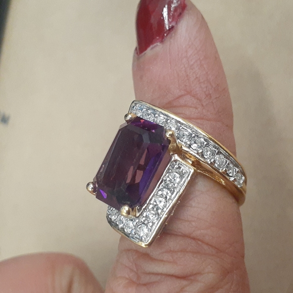 ❤ Pretty Gold tone CHUNKY Amethyst Fashion jewelry Statement Ring ART Deco ? - Picture 3 of 8